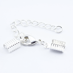 Brass Clip Ends with Chain and Clasp, Silver color, Clasp: 7.5 mm x 38 mm, Chain: 3.5 mm x 50 mm